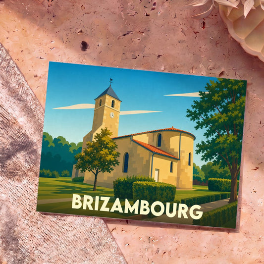 Carte postale souvenir de la ville de Brizambourg avec une illustration stylisée de son église.