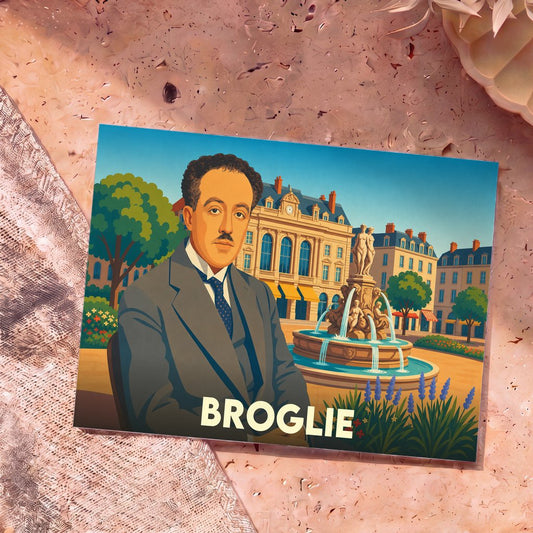 Carte postale souvenir de la ville de Broglie avec une illustration stylisée de Louis de Broglie devant une place animée.