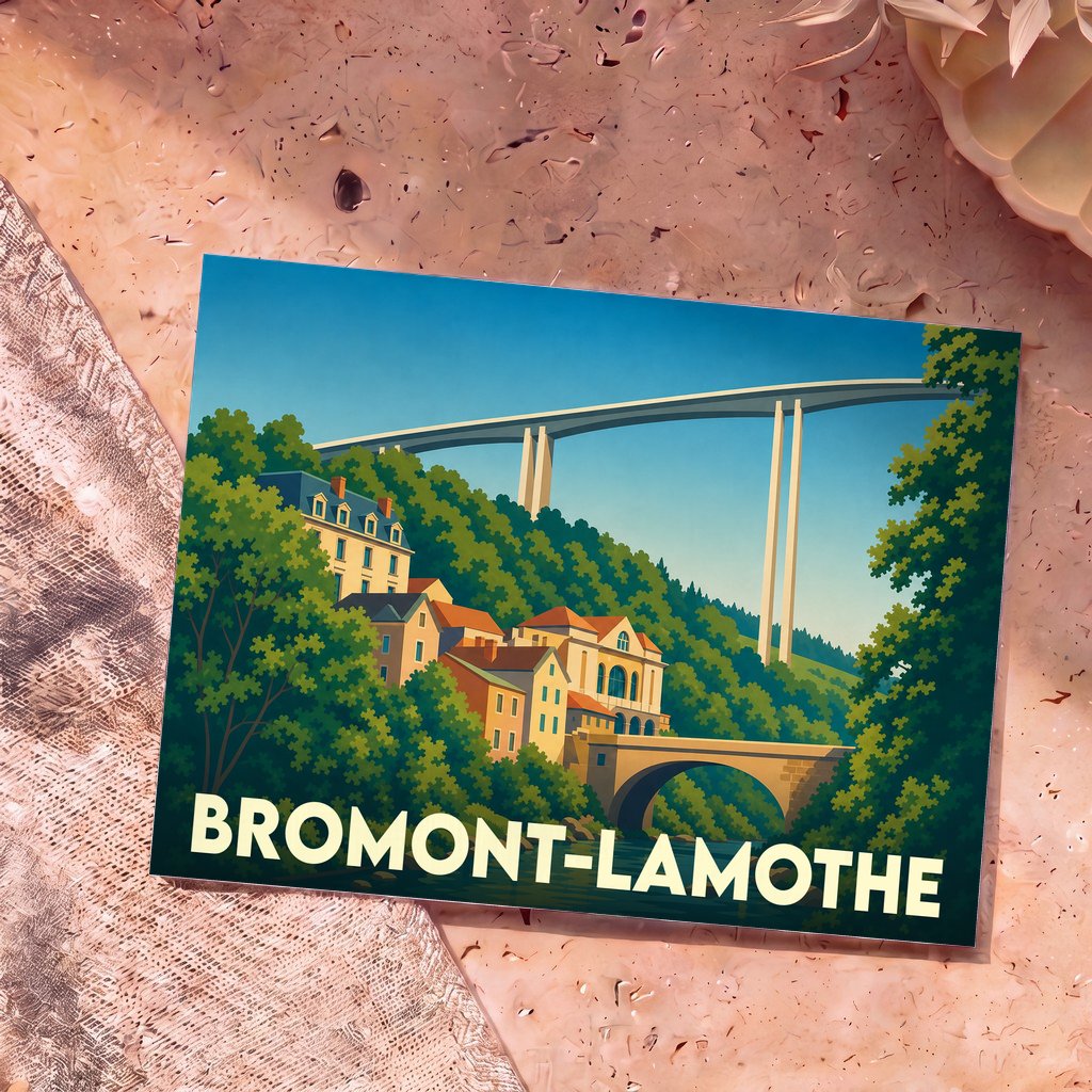 Carte postale souvenir de la ville de Bromont-Lamothe avec une illustration stylisée d'un viaduc surplombant des habitations.