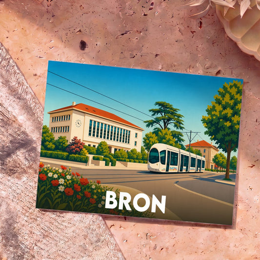 Carte postale souvenir de la ville de Bron avec une illustration stylisée d'un tramway et de l'hôtel de ville.