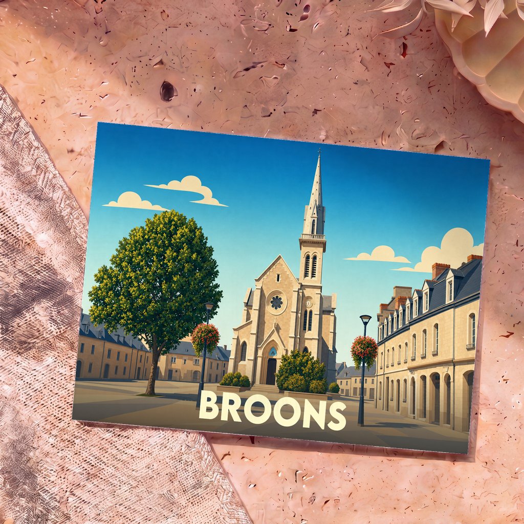 Carte postale souvenir de la ville de Broons avec une illustration stylisée de son église et de ses maisons en pierre.