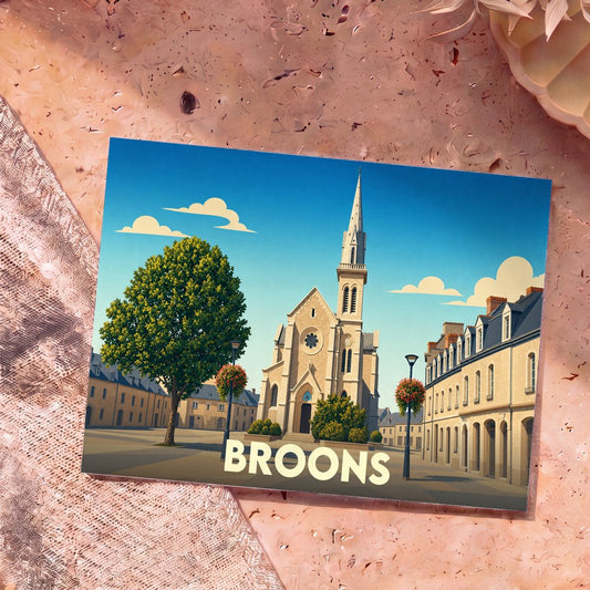 Carte postale souvenir de la ville de Broons avec une illustration stylisée de son église et de ses maisons en pierre.