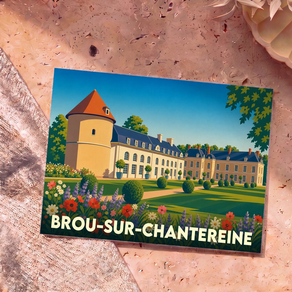 Carte postale souvenir de la ville de Brou-sur-Chantereine avec une illustration stylisée de son château et de ses jardins.
