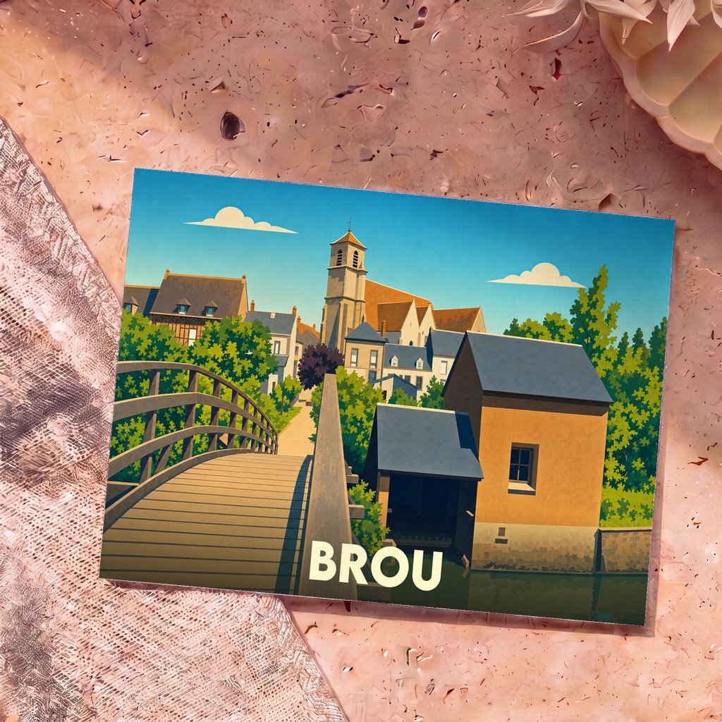 Carte postale souvenir de la ville de Brou avec une illustration stylisée de son église et d'un pont en bois.