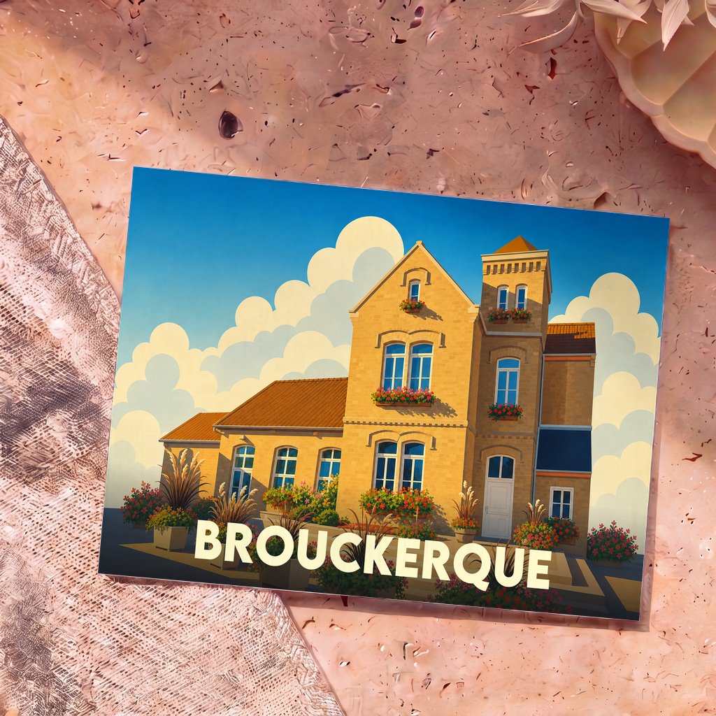Carte postale souvenir de la ville de Brouckerque avec une illustration stylisée de son architecture typique sous un ciel ensoleillé.
