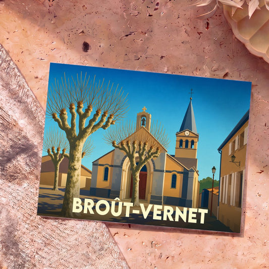 Carte postale souvenir de la ville de Broût-Vernet avec une illustration stylisée de son église et de platanes.