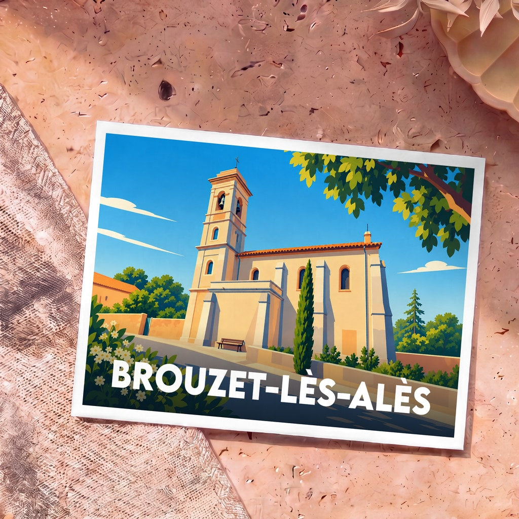 Carte postale souvenir de la ville de Brouzet-lès-Alès avec une illustration stylisée de son église sous un ciel bleu.