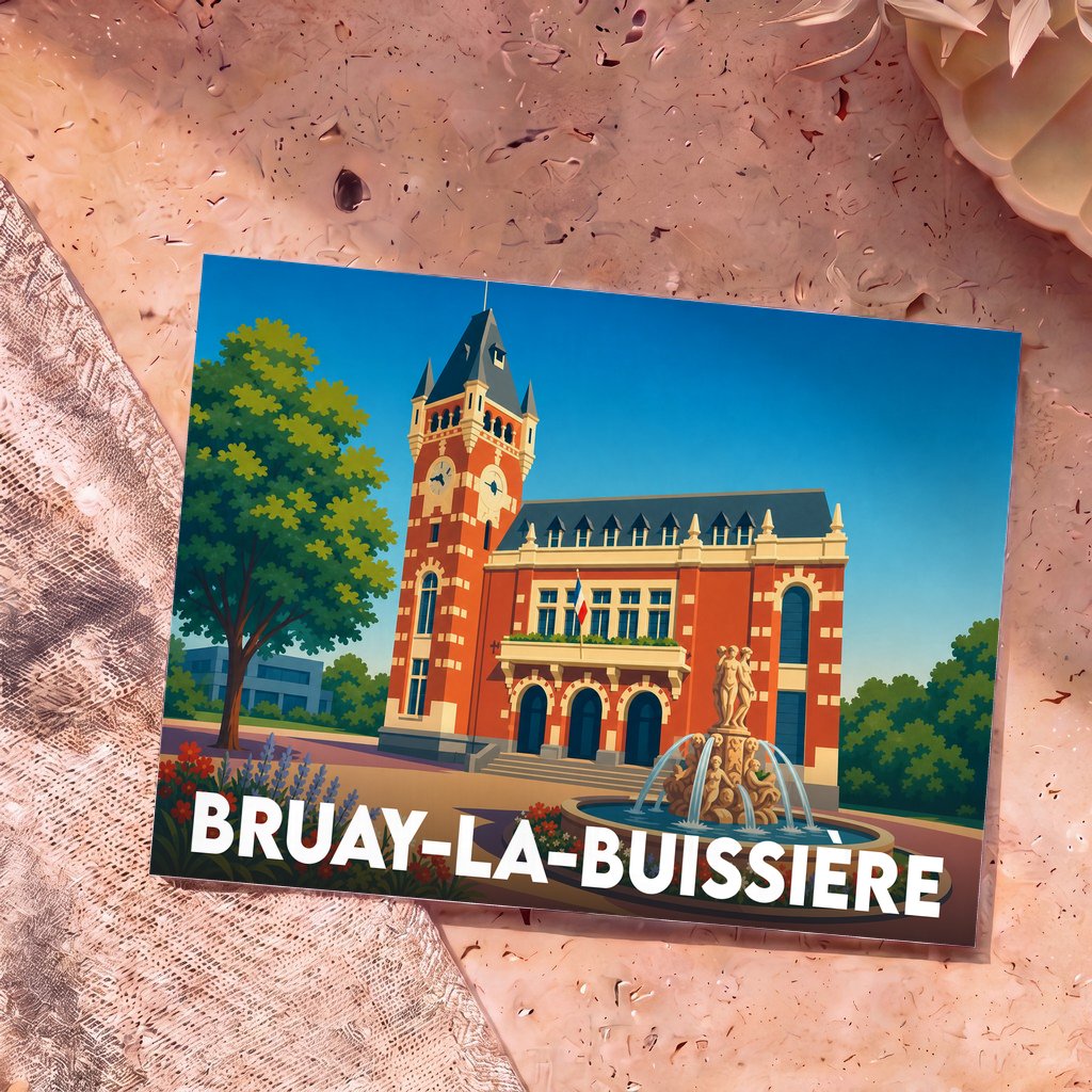 Carte postale souvenir de la ville de Bruay-la-Buissière avec une illustration stylisée de son hôtel de ville et d'une fontaine.
