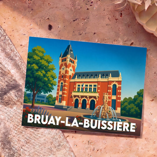Carte postale souvenir de la ville de Bruay-la-Buissière avec une illustration stylisée de son hôtel de ville et d'une fontaine.