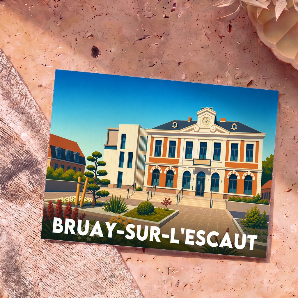 Carte postale souvenir de Bruay-sur-l'Escaut illustrant l'hôtel de ville dans un style graphique épuré et coloré.