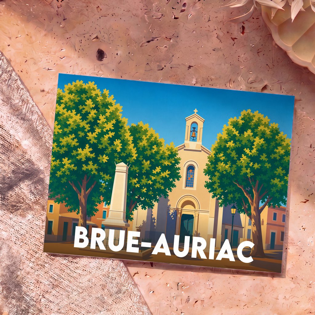 Carte postale souvenir de la ville de Brue-Auriac avec une illustration stylisée de son église et de ses arbres.