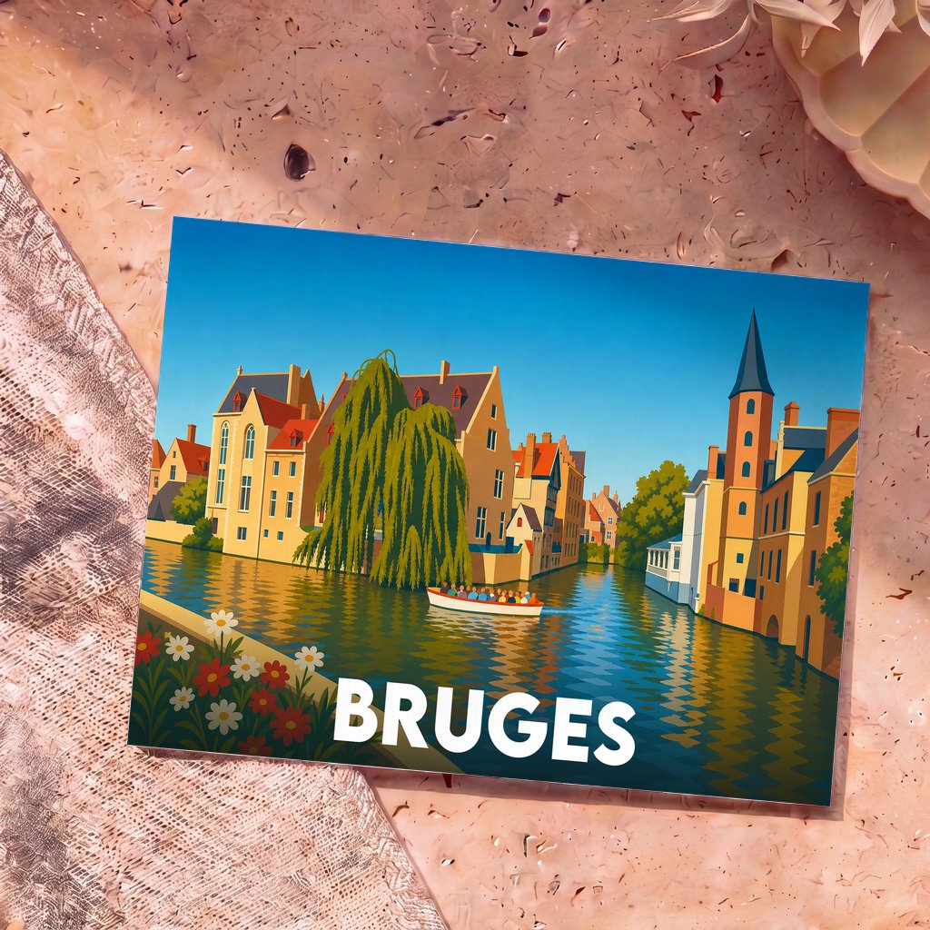 Carte postale souvenir de la ville de Bruges illustrant un canal, ses bâtiments historiques et un saule pleureur dans un style graphique épuré.
