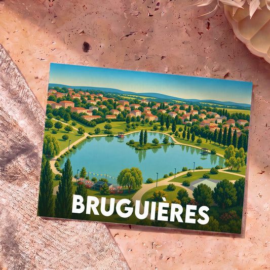 Carte postale souvenir de la ville de Bruguières illustrant son lac et ses maisons dans un style coloré.