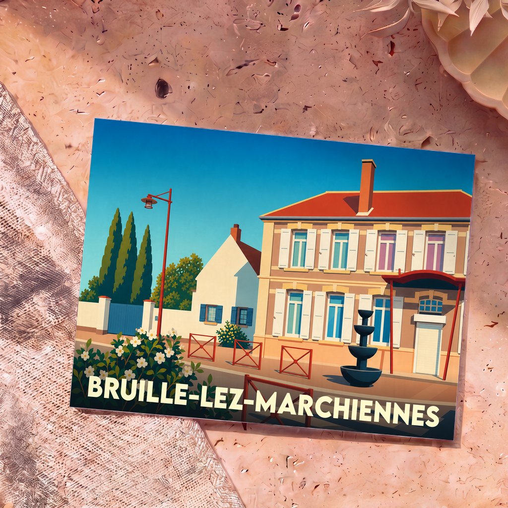 Carte postale souvenir de la ville de Bruille-lez-Marchiennes avec une illustration stylisée et colorée.