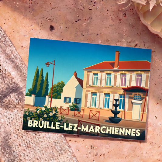 Carte postale souvenir de la ville de Bruille-lez-Marchiennes avec une illustration stylisée et colorée.
