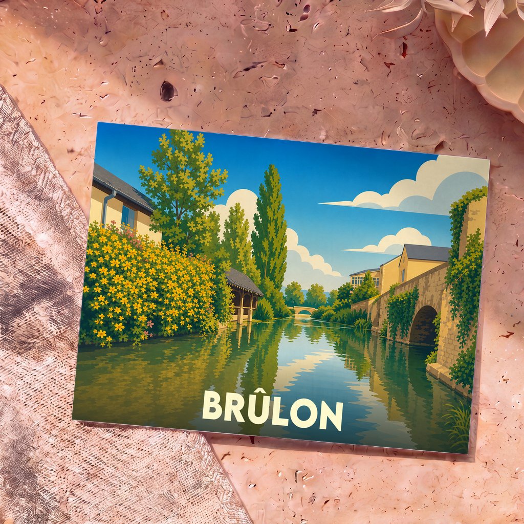 Carte postale souvenir de la ville de Brûlon avec une illustration stylisée d'un cours d'eau bordé de maisons et de verdure.