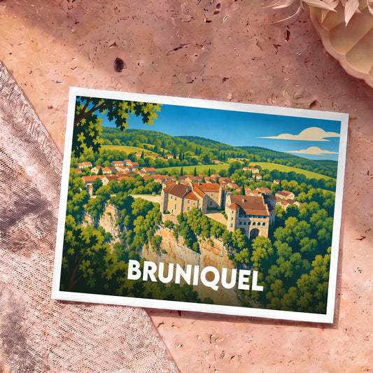Carte postale souvenir de la ville de Bruniquel avec une illustration stylisée de son château perché sur une falaise.