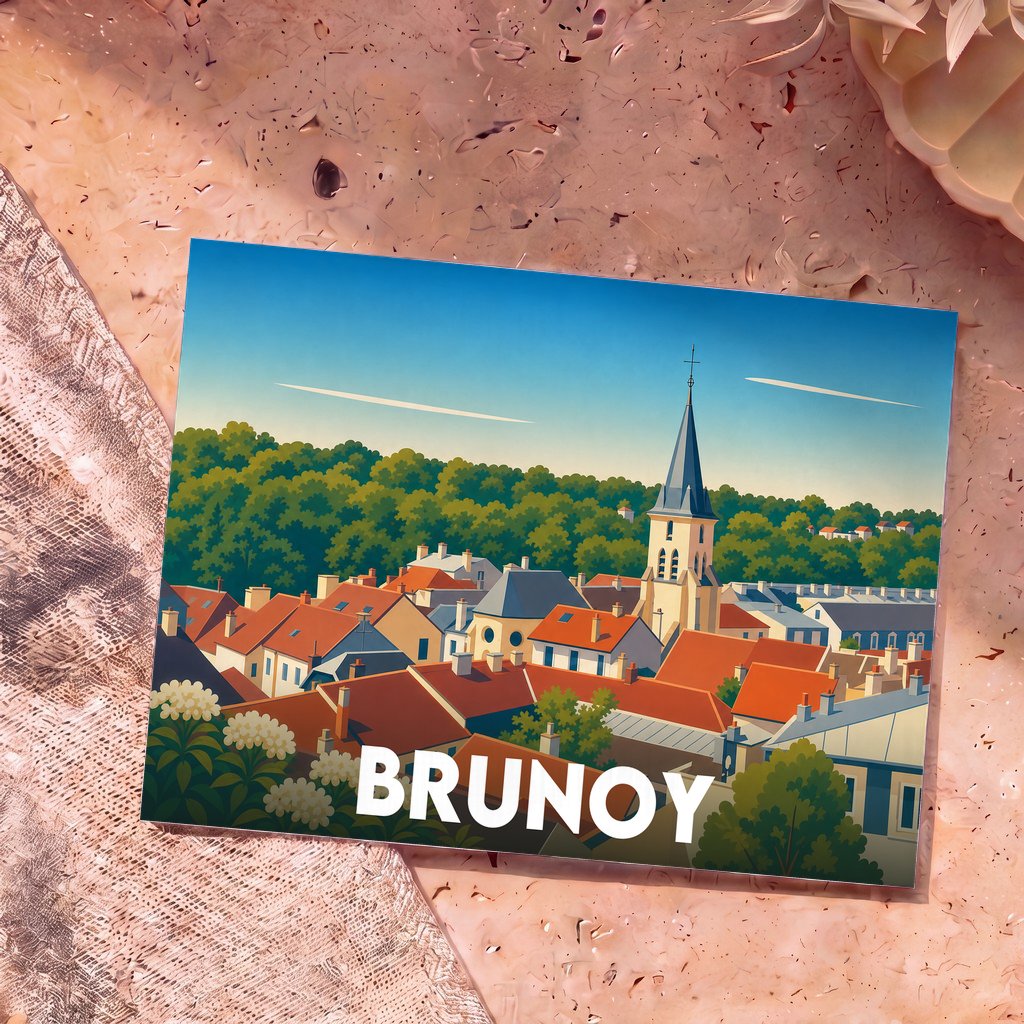 Carte postale souvenir de la ville de Brunoy présentant une illustration stylisée de ses toits et de son église.