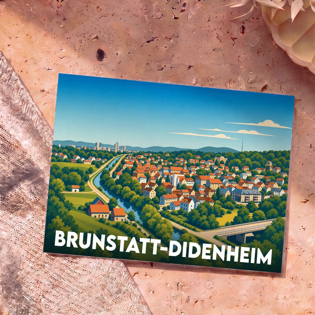 Carte postale souvenir de la ville de Brunstatt-Didenheim avec une illustration stylisée et colorée.