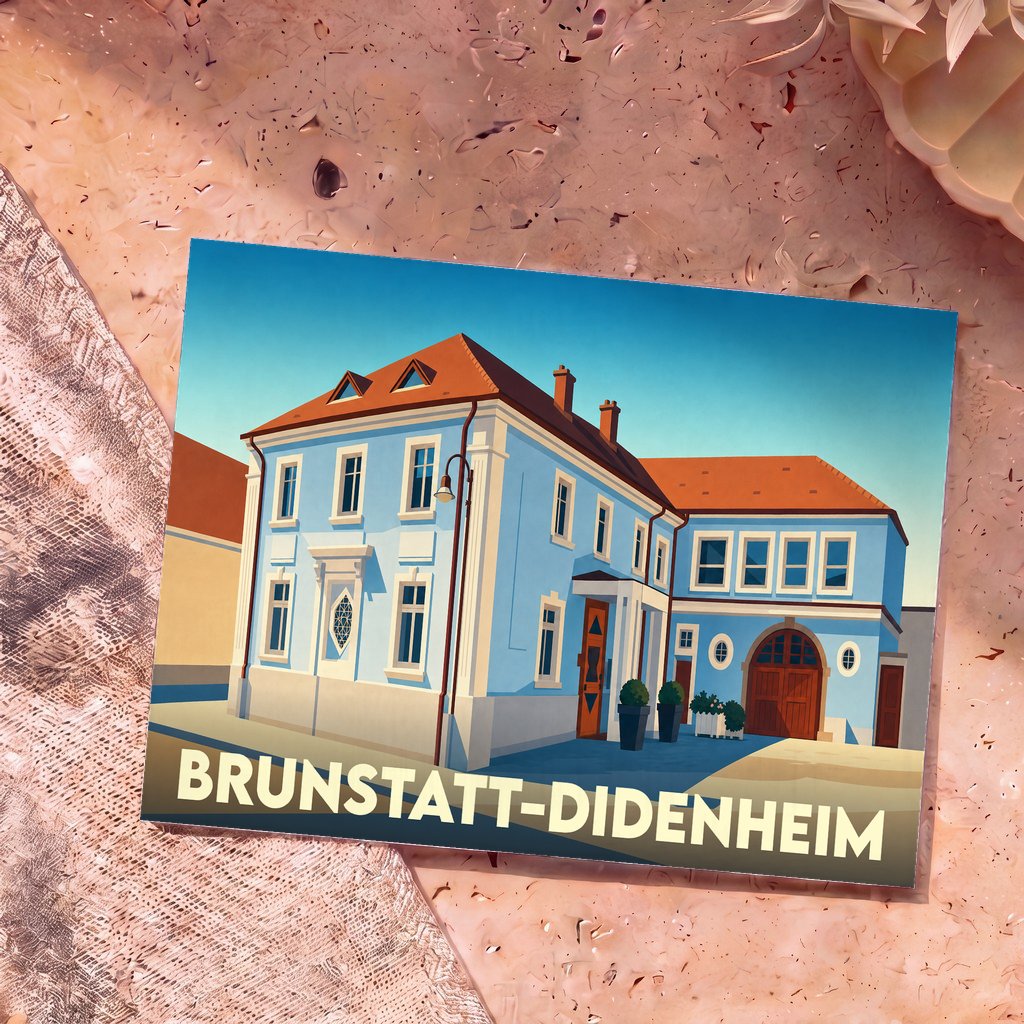 Carte postale souvenir de la ville de Brunstatt-Didenheim avec une illustration stylisée d'un bâtiment bleu traditionnel.