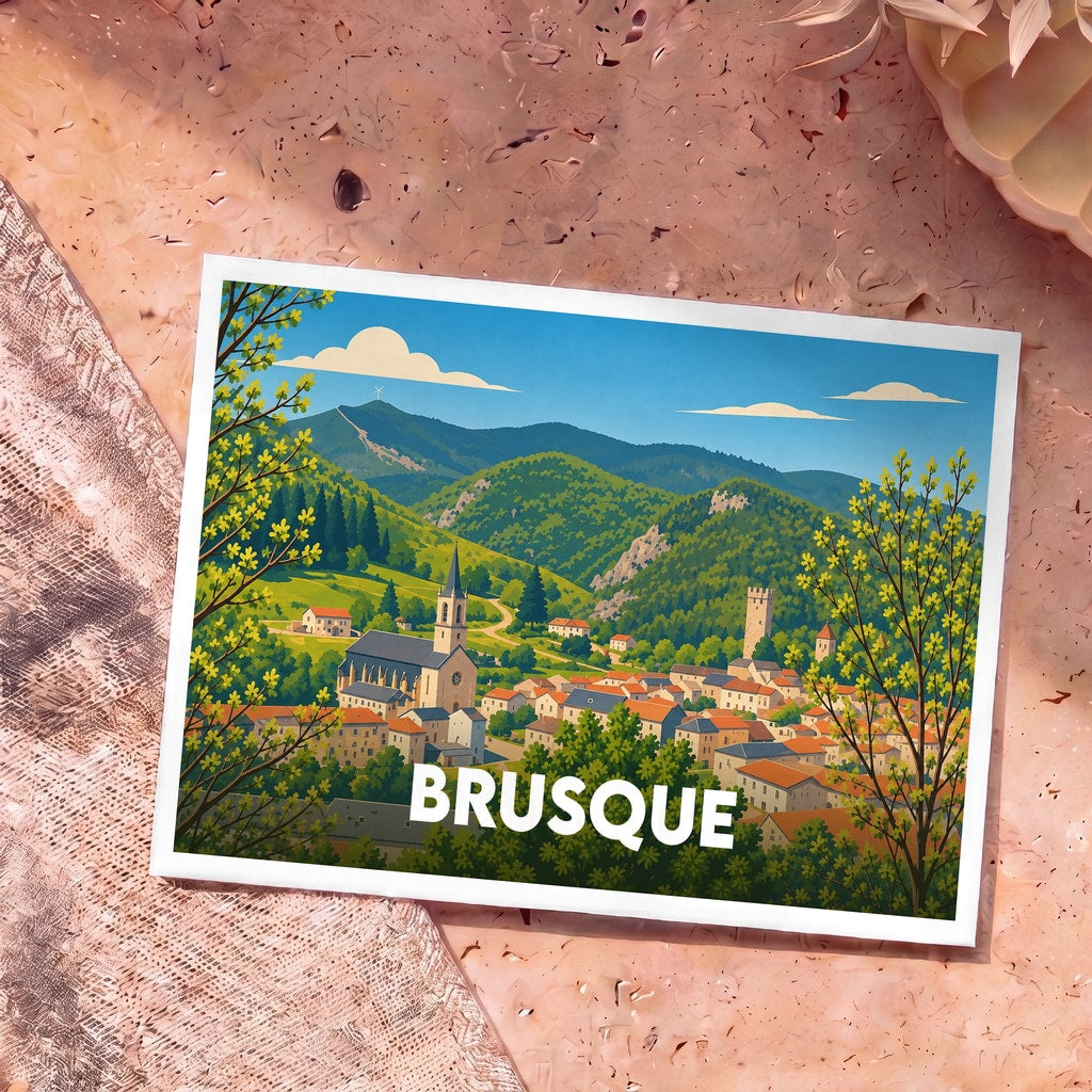 Carte postale souvenir de la ville de Brusque avec une illustration stylisée de son paysage montagneux et de son église.