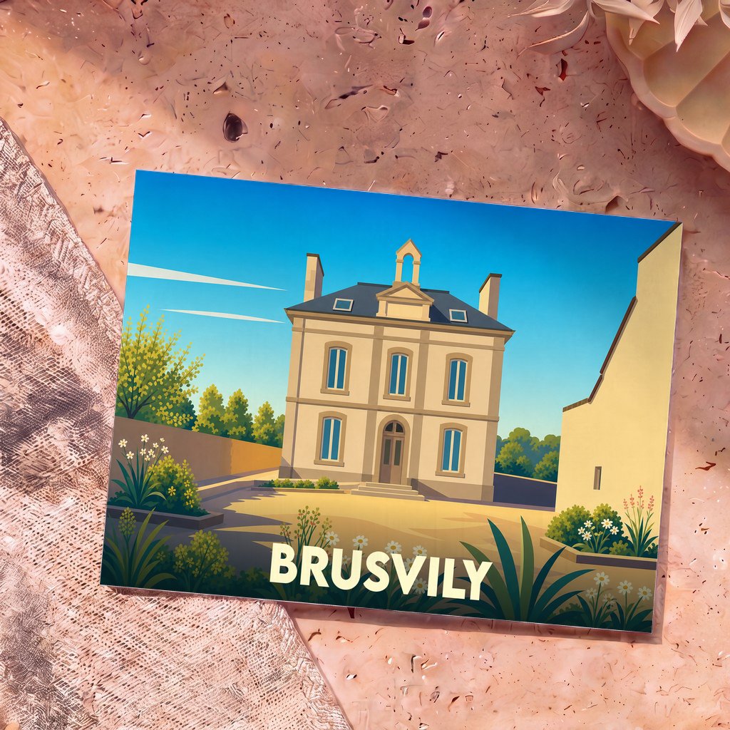 Carte postale souvenir de la ville de Brusvily illustrant sa mairie dans un style graphique épuré.