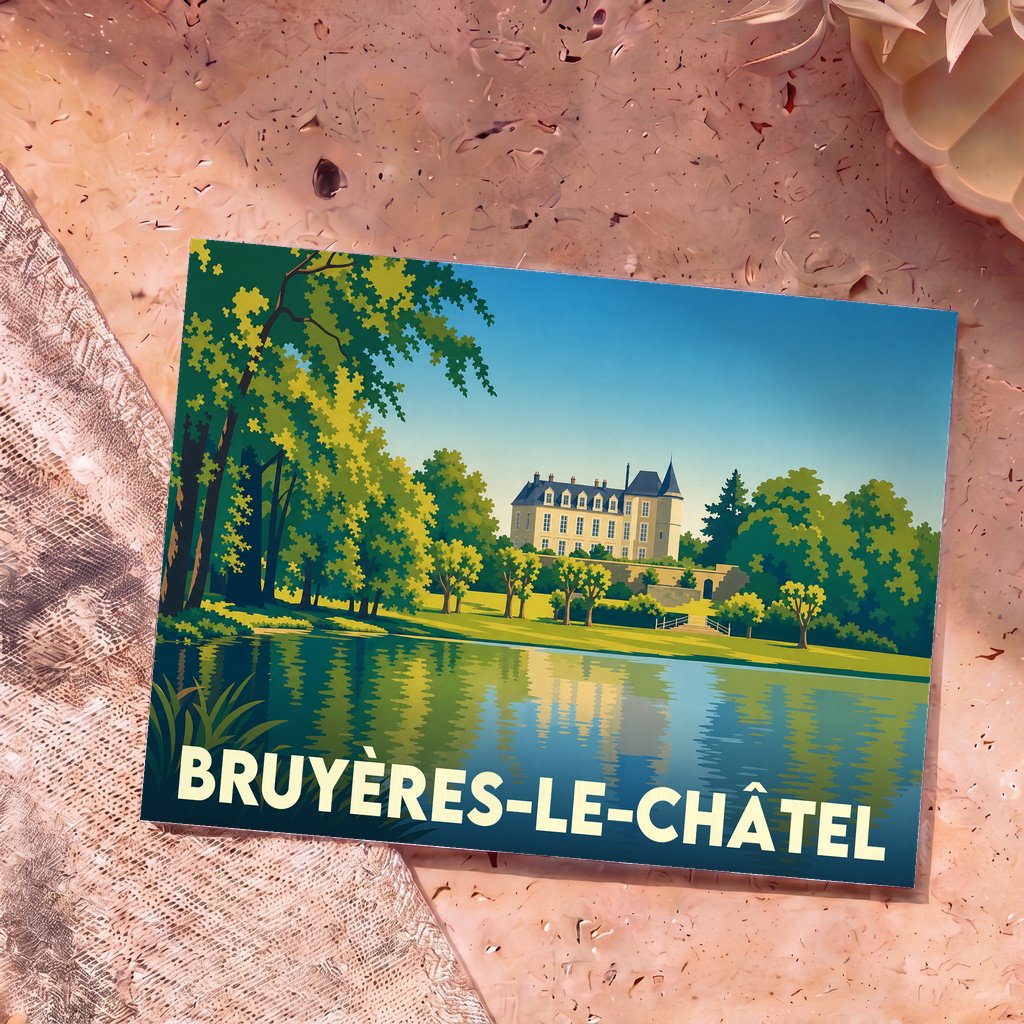 Carte postale souvenir de la ville de Bruyères-le-Châtel avec une illustration stylisée de son château et de son étang.