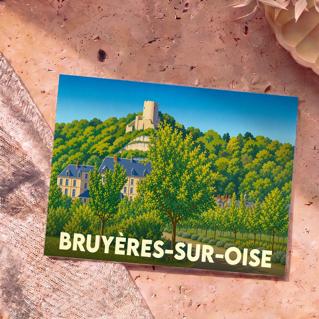 Carte postale souvenir de la ville de Bruyères-sur-Oise avec une illustration stylisée d'un château surplombant une forêt.