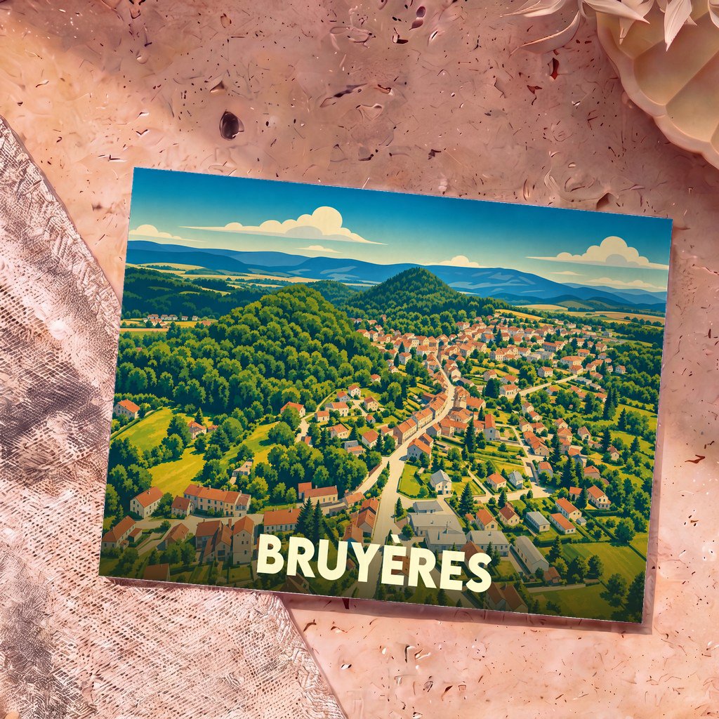 Carte postale souvenir de la ville de Bruyères avec une illustration stylisée montrant une vue aérienne du village et de ses collines boisées.