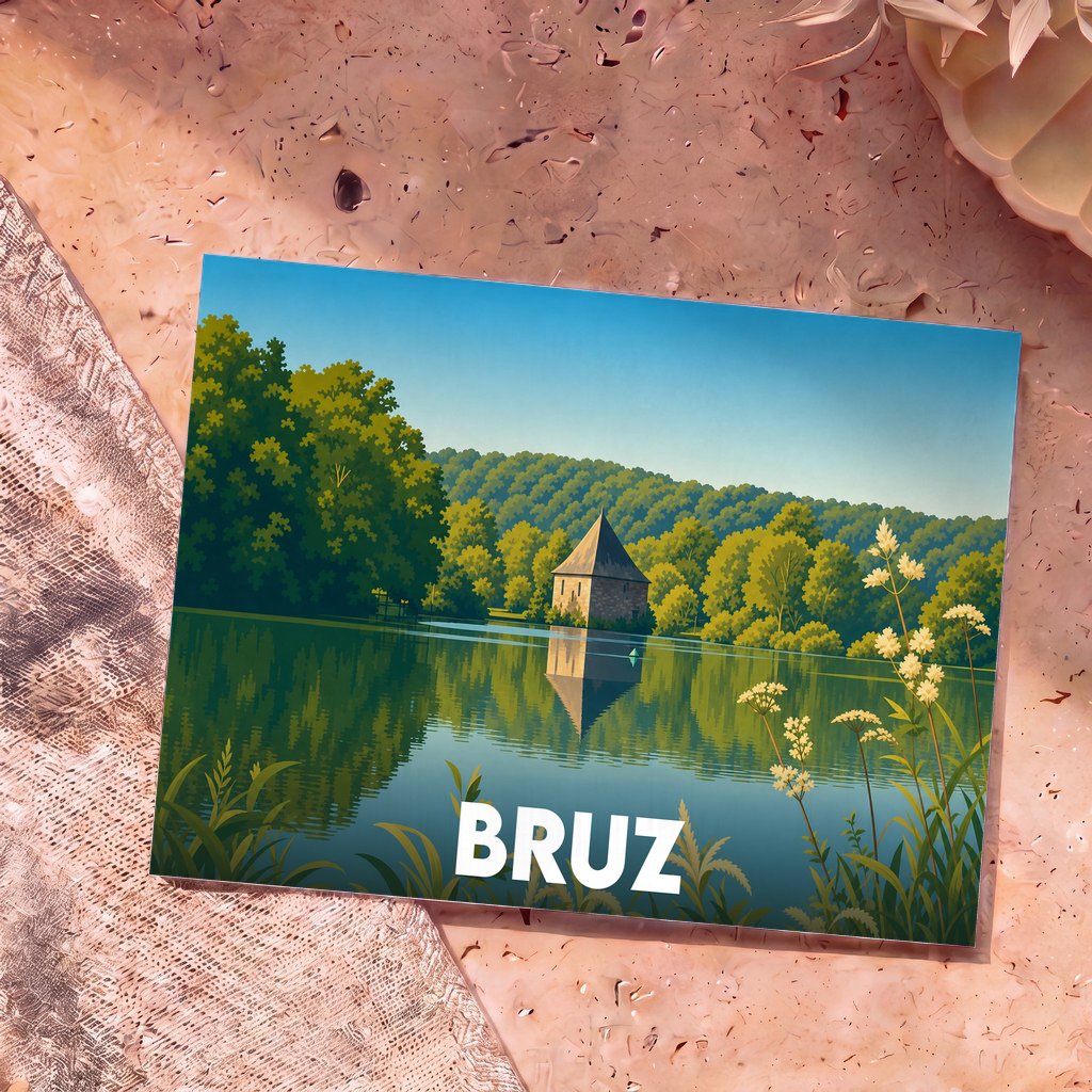 Carte postale souvenir de la ville de Bruz illustrant un paysage de lac et de forêt au style épuré.