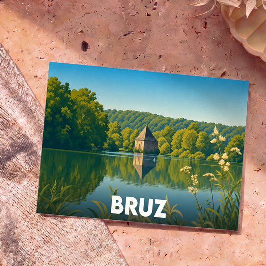 Carte postale souvenir de la ville de Bruz illustrant un paysage de lac et de forêt au style épuré.