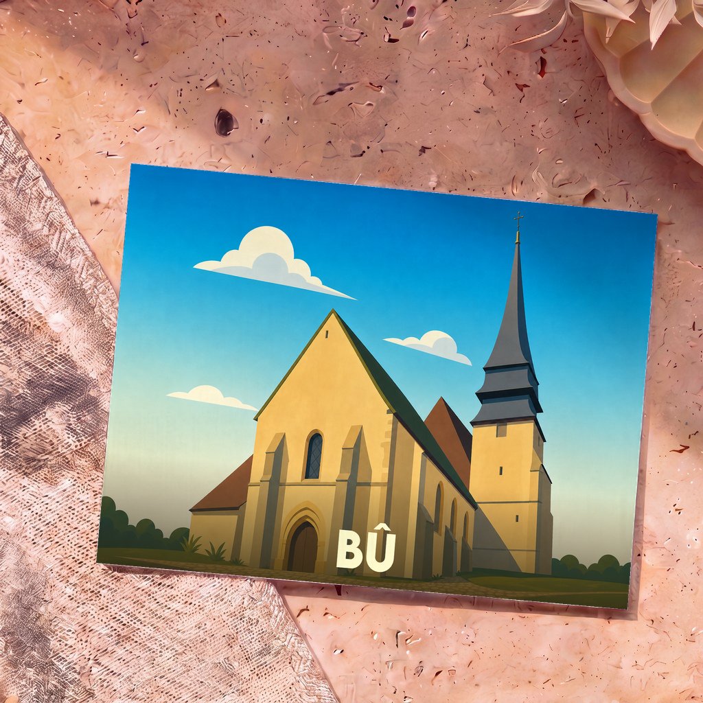 Carte postale souvenir de la ville de Bû représentant son église avec une illustration stylisée.