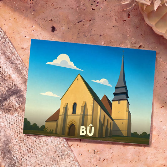 Carte postale souvenir de la ville de Bû représentant son église avec une illustration stylisée.