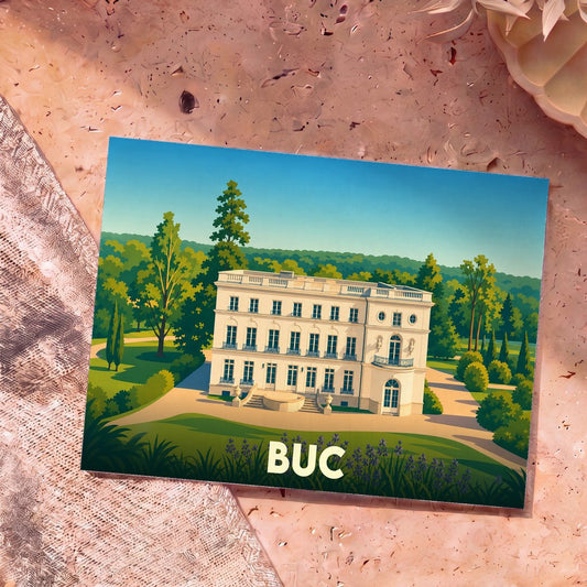 Carte postale souvenir de la ville de Buc illustrant le château au cœur d'un parc verdoyant.