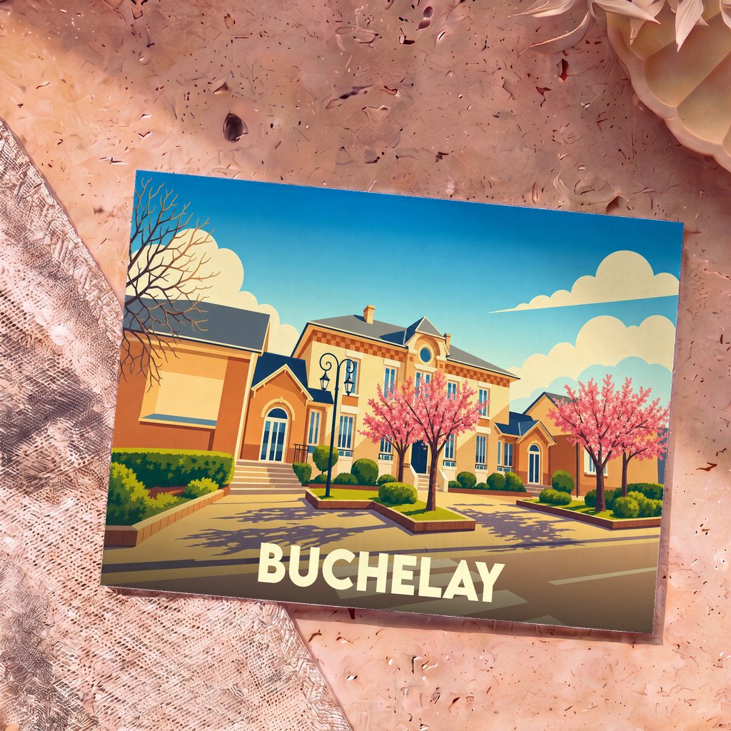 Carte postale souvenir de la ville de Buchelay avec une illustration stylisée d'une bâtisse et de cerisiers en fleurs.
