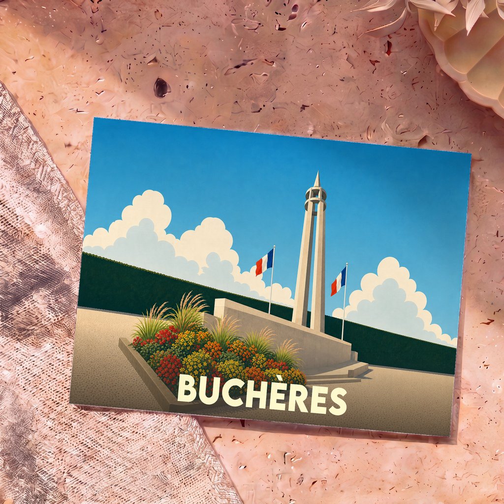 Carte postale souvenir de la ville de Buchères avec une illustration stylisée de son monument commémoratif.