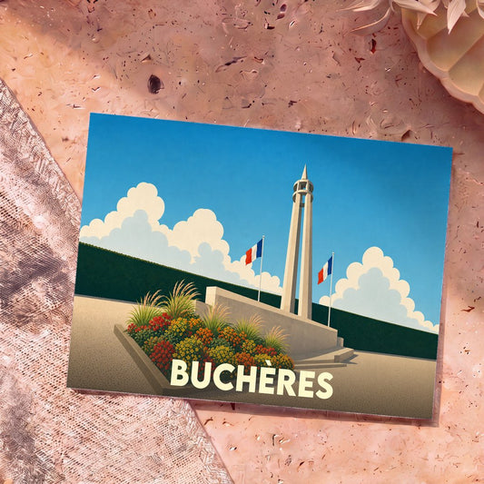 Carte postale souvenir de la ville de Buchères avec une illustration stylisée de son monument commémoratif.