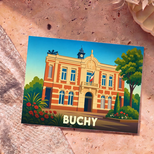 Carte postale souvenir de la ville de Buchy avec une illustration stylisée de son hôtel de ville.