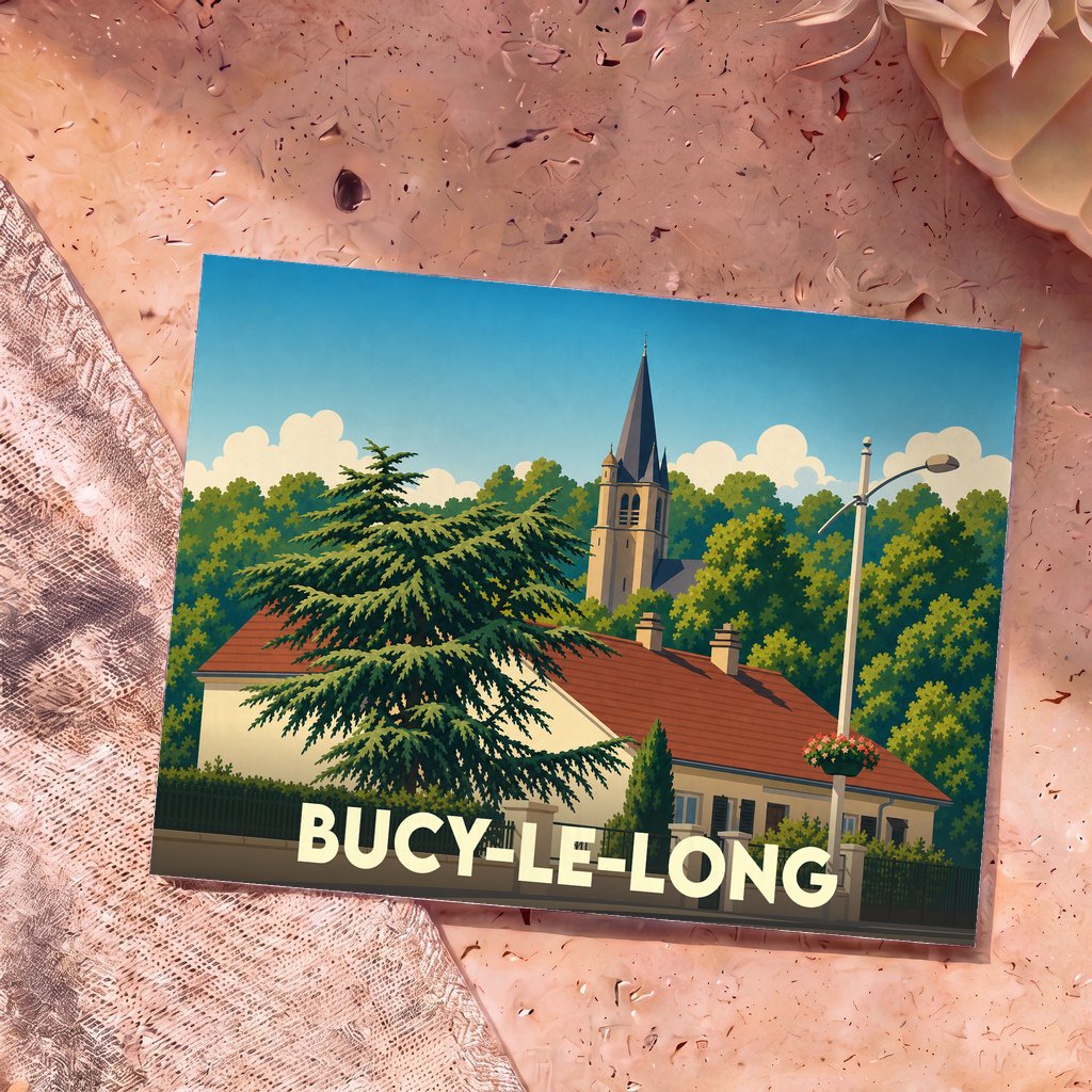 Carte postale souvenir de la ville de Bucy-le-Long avec une illustration stylisée.