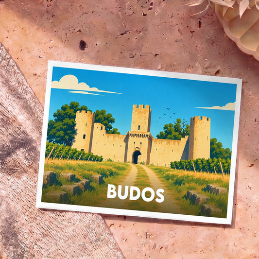 Carte postale souvenir de la ville de Budos avec une illustration stylisée de son château médiéval.