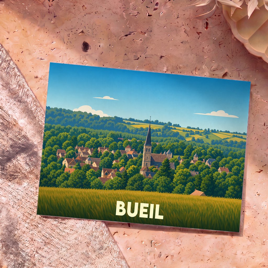 Carte postale souvenir de la ville de Bueil avec une illustration stylisée montrant le village et son église nichés dans une vallée verdoyante.