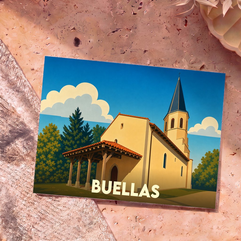 Carte postale souvenir de la ville de Buellas avec une illustration stylisée de son église sous un ciel bleu.