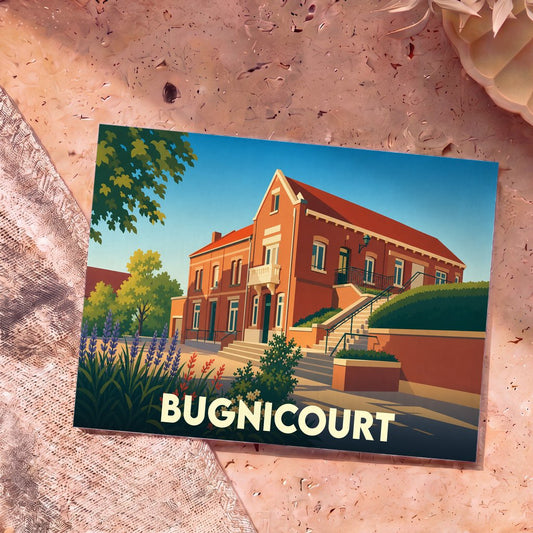 Carte postale souvenir de la ville de Bugnicourt avec une illustration stylisée de sa mairie.