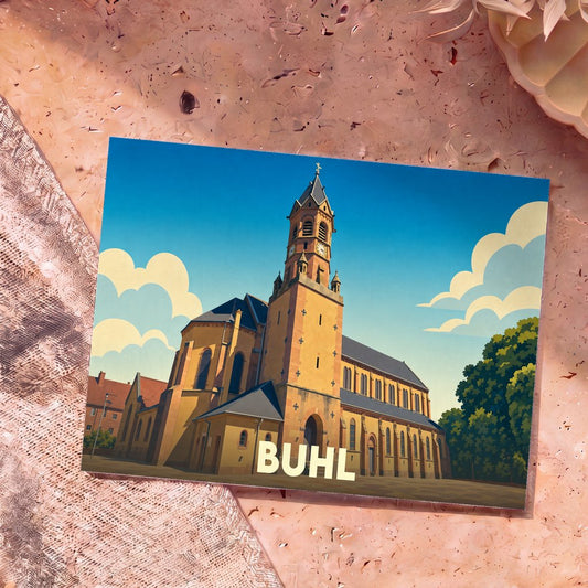 Carte postale souvenir de la ville de Buhl avec une illustration stylisée de son église sous un ciel bleu.