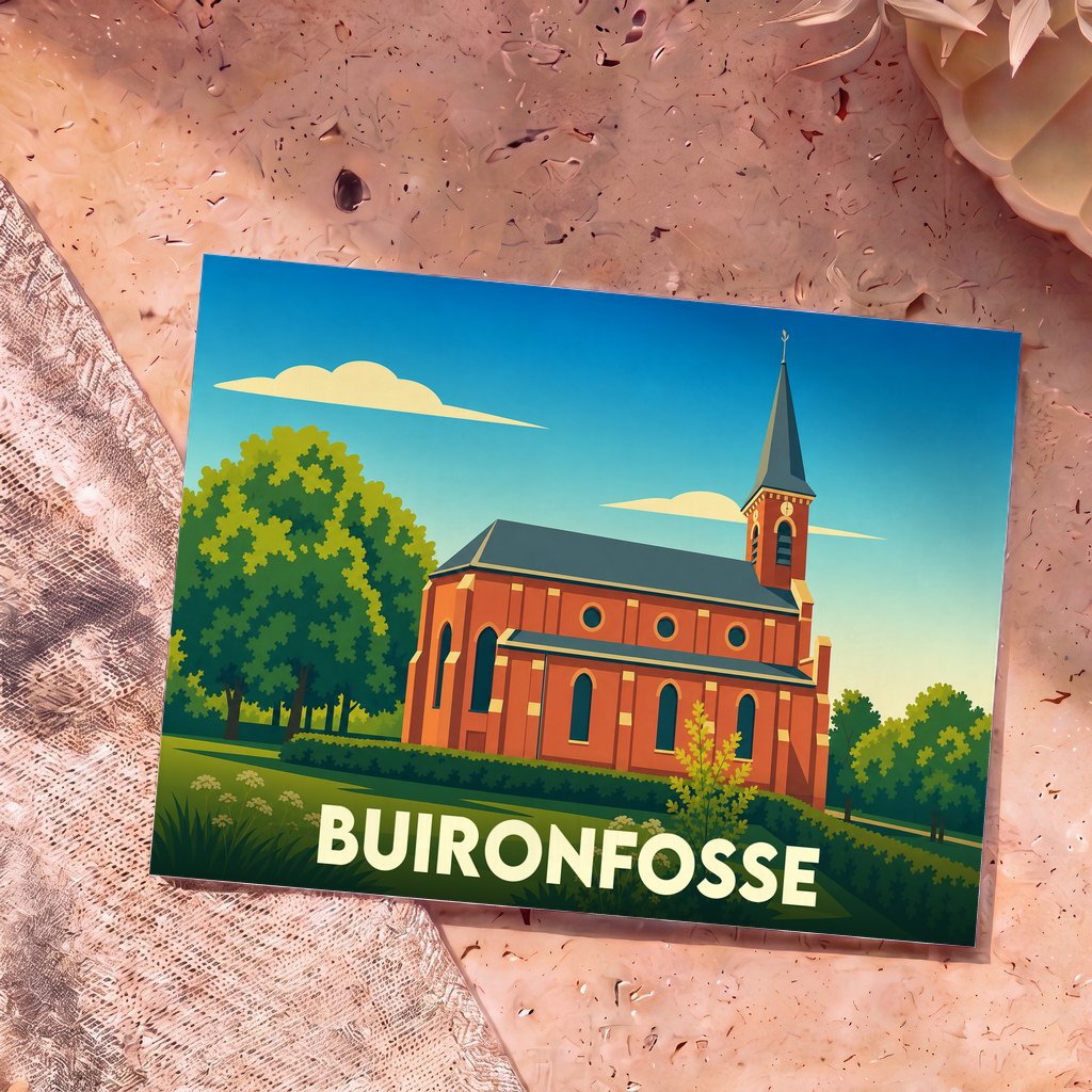 Carte postale souvenir de la ville de Buironfosse avec une illustration stylisée de son église.