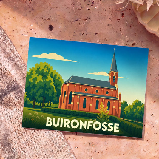 Carte postale souvenir de la ville de Buironfosse avec une illustration stylisée de son église.
