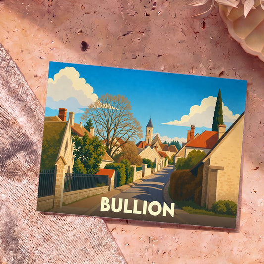 Carte postale souvenir de la ville de Bullion avec une illustration stylisée de ses rues et de son clocher.