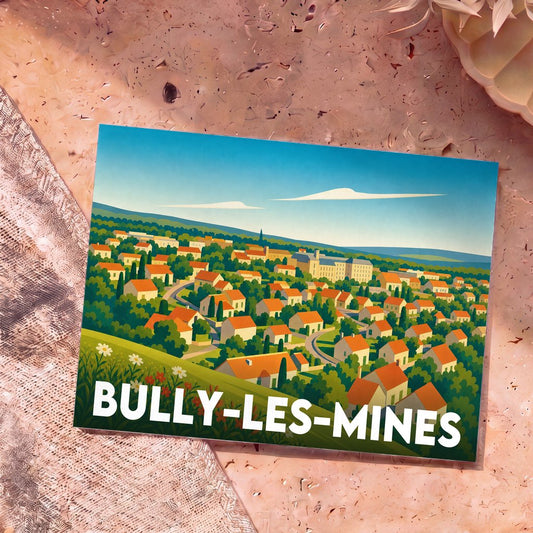 Carte postale souvenir de la ville de Bully-les-Mines avec une illustration stylisée d'un paysage urbain.