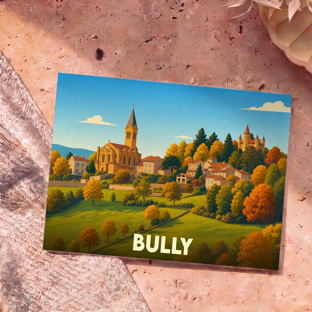 Carte postale souvenir de la ville de Bully avec une illustration stylisée d'un village pittoresque en automne.
