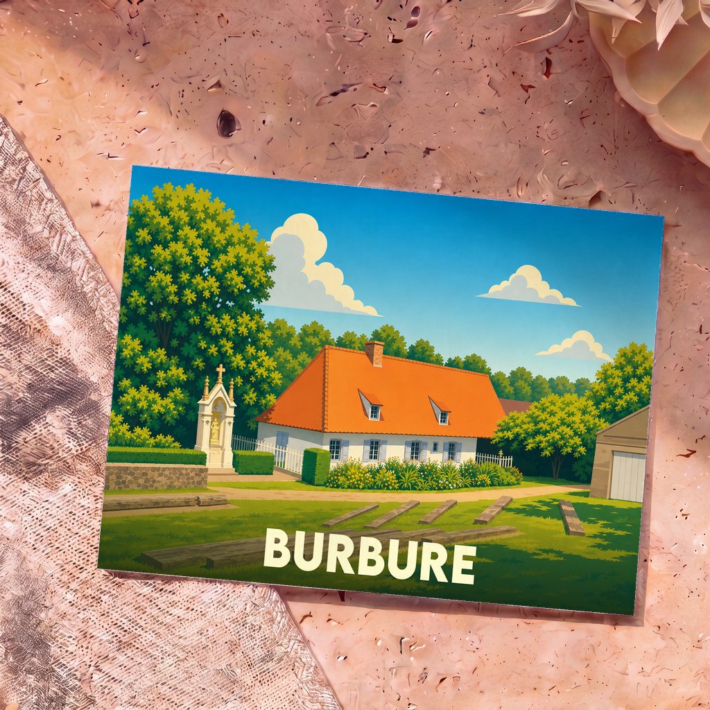 Carte postale souvenir de la ville de Burbure avec une illustration stylisée d'une maison rurale et d'un petit monument.